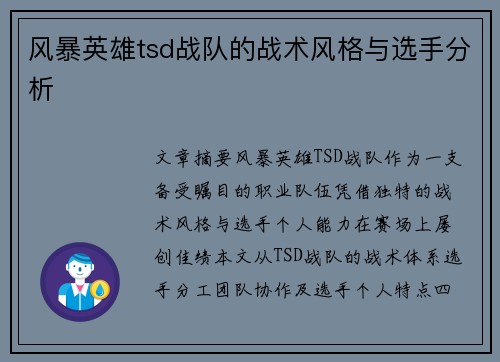 风暴英雄tsd战队的战术风格与选手分析