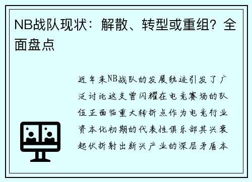 NB战队现状：解散、转型或重组？全面盘点